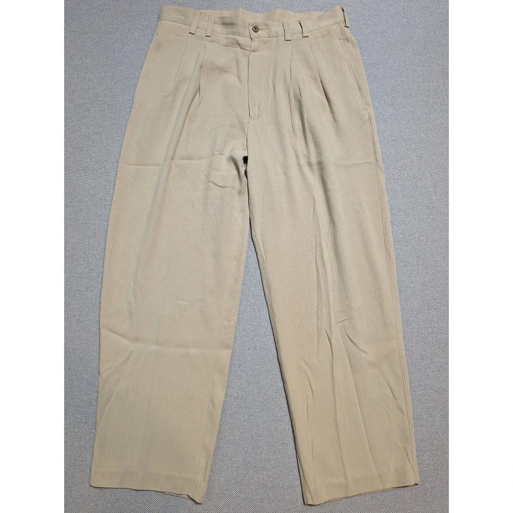 Roundtree & Yorke Caribbean Mens Pants Tan 34x29 100% Silk Herringbone Relaxed